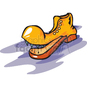 A cartoon-style image of a yellow shoe with spikes on the sole and exaggerated features.