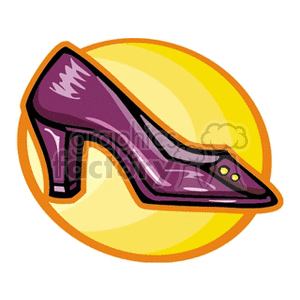 A purple high heel shoe illustrated in a playful cartoon style with a yellow circular background.