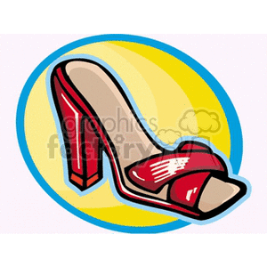 A vibrant clipart image of a red high heel shoe on a colorful background.