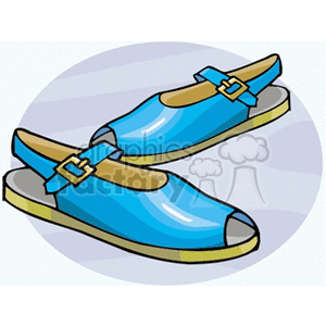 Illustration of blue open-toe sandals with buckle straps.