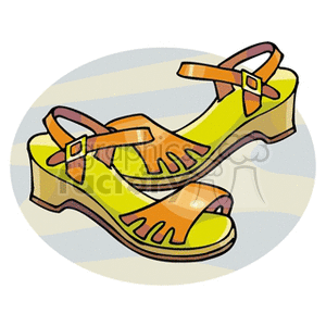 Illustration of stylish women's sandals with orange straps and green insoles on chunky heels.