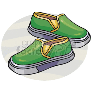 Clipart image of a pair of green slip-on shoes with yellow trim.