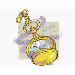 A colored clipart image of a vintage pocket watch with a chain. The watch is open, showing the clock face with roman numerals. The background includes a numeric element and abstract shapes.
