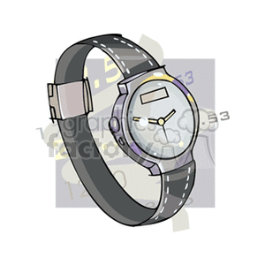 Clipart image of a wristwatch with a black strap, white face, and yellow hour, minute, and second hands. The background contains faint images of numbers.