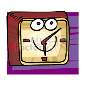 A cartoon-style illustration of a smiling clock with eyes and a cheerful expression, set against a purple background.