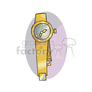 A clipart image of a wristwatch with a gold band and a round face.