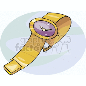 A clipart image of a gold wristwatch with a purple face.