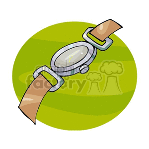 Clipart image of a wristwatch with a brown leather strap and a silver metal case on a green circular background.