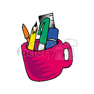 A clipart image of a pink cup containing various stationery items including a paintbrush, pencil, pen, ruler, and highlighter.