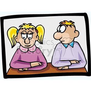 Clipart image of a girl and a boy sitting next to each other in a classroom setting.