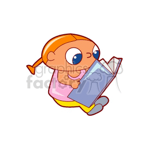 A cute cartoon girl with pigtails is reading a large book, appearing interested and determined. This image is often associated with themes of education, learning, and school excitement.