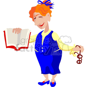 A cartoon teacher holds an open book and glasses, symbolizing education and learning.