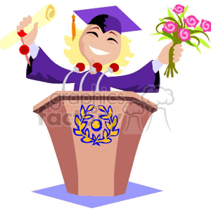 Female student giving a graduation speech wearing a cap and gown