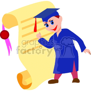 Cartoon student in a cap an gown standing next to a diploma