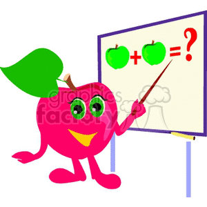 Cartoon pink apple teaching a math problem