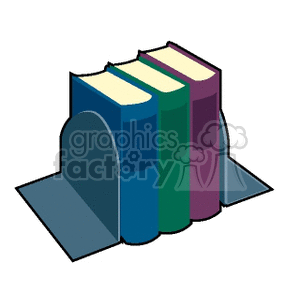 Clipart image of three books standing upright in a bookend, representing educational supplies.