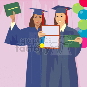 Two Woman Wearing a Cap and Gown Holding their Diploma