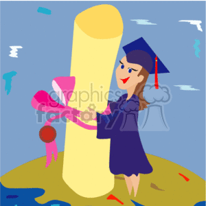 A Happy Girl in a Cap and Gown Holding a Large Scroll Standing on the World