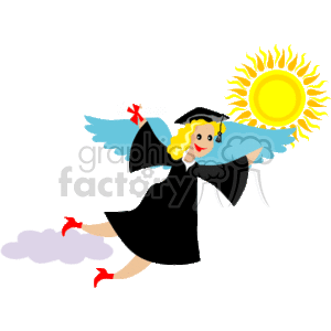 The clipart image depicts a stylized individual wearing a graduation cap and gown, with blue wings attached to their back. The individual is holding a diploma in one hand and is portrayed as soaring or flying through the sky. The background features a smiling sun on the top right corner and fluffy white clouds underneath, indicating the person is up in the air. The color scheme includes black for the gown, blue for the wings, and bright yellow for the sun. The overall image conveys the concept of achieving educational success and the feeling of elation and freedom that comes with graduation.