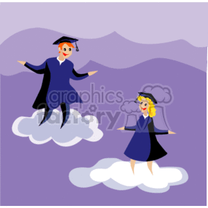 The clipart image depicts two cartoon-style graduates, one male and one female, wearing graduation gowns and caps. They are happily standing on fluffy, stylized clouds against a purple background suggestive of the sky. It gives a whimsical representation of the feeling of accomplishment and elation associated with graduation.