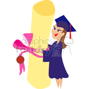 The clipart image depicts a female figure dressed in a graduation cap and gown, holding a large diploma tied with a ribbon. The graduate is smiling and appears to be celebrating her academic achievement.