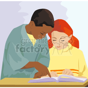 Clipart of a boy helping a girl read, illustrating a teaching or learning scenario.