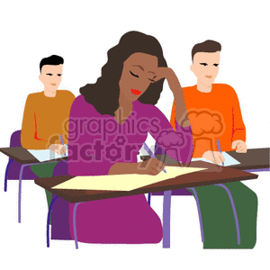 Clipart illustration of students in a classroom taking a test. It includes a girl with dark hair thinking and writing, surrounded by two boys also focused on their work.