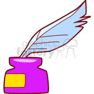 Clipart image of a feather quill pen in an ink pot, symbolizing writing and education supplies.