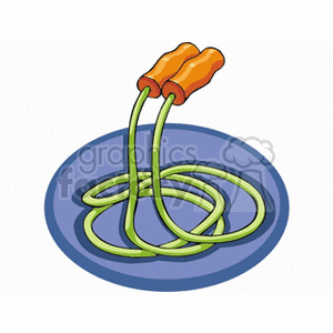 A clipart image of a jump rope with green cords and orange handles coiled on a blue surface.