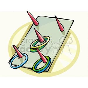 Clipart image of a ring toss game with colorful rings on pegs.