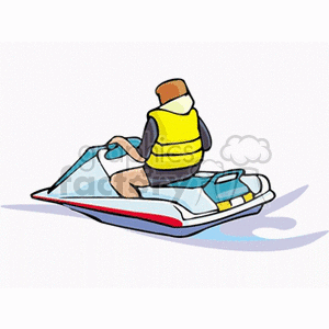 A person riding a jet ski, wearing a yellow life jacket on the water.