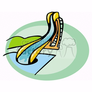 Clipart of a water slide leading into a swimming pool, perfect for representing leisure and entertainment activities.