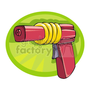 Colorful clipart illustration of a toy water gun with a yellow accent and a bright green background.