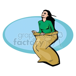 A clipart image of a girl participating in a sack race, smiling as she hops inside a large bag.