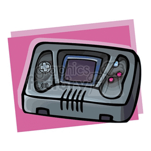 Clipart image of a handheld gaming console with colorful buttons and a screen, set against a pink background.