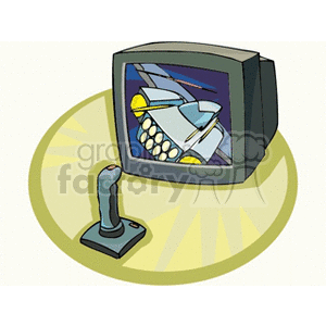 Clipart image of a computer monitor displaying a video game with a spaceship and a joystick in front of the monitor.