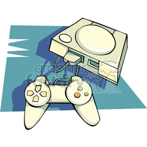 Clipart image of a vintage video game console with a connected game controller. The console and controller are displayed on a blue triangular background.