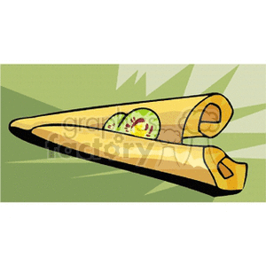 Illustration of a tortilla wrap with slices of kiwi inside against a green background.