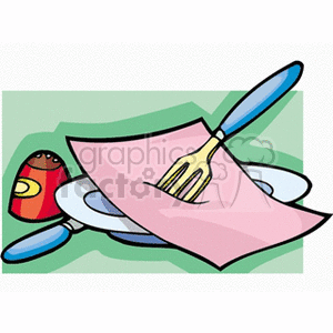 A colorful clipart image depicting a dinner table setup with plates, a fork, a napkin, and a salt shaker.