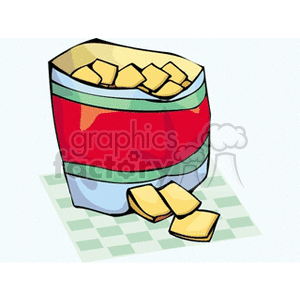 Colorful clip art of a bag of potato chips with some chips spilling out.