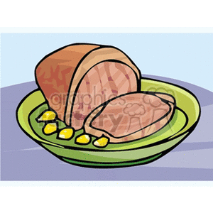 A clipart image of sliced ham on a green plate, accompanied by small yellow garnishes.