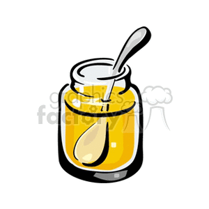 A clipart image of a jar filled with honey and a spoon inside.