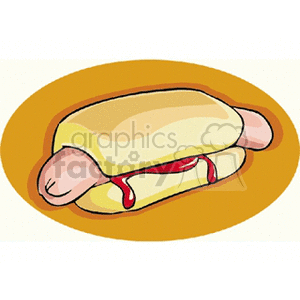 A clipart image of a hot dog with ketchup in a bun on a circular yellow background.