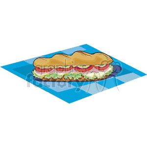 A clipart image of a sandwich with various fillings including lettuce, tomatoes, and cheese, placed on a blue checkered napkin.