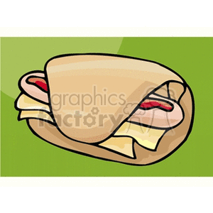 A colorful clipart image of a sandwich with meat, cheese, and a green background.