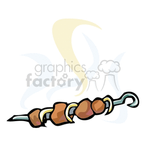 A clipart image of a shish kabob with meat and vegetables on a skewer.