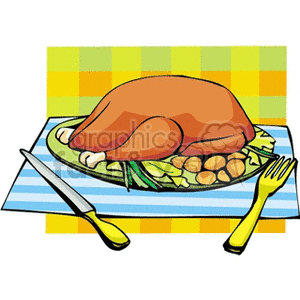 A clipart image of a roasted turkey placed on a plate with greens, beans, and a striped tablecloth. Yellow utensils are placed beside the plate.