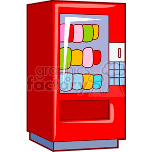 Clipart image of a red vending machine containing colorful snacks.