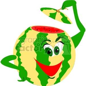 A playful watermelon character with a face, holding its top part open like a lid.