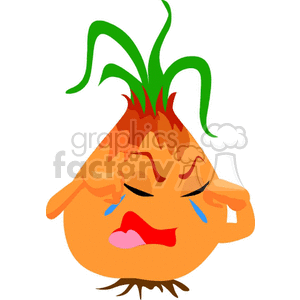 Clipart image of a crying onion with tears, expressive facial features, and green sprouts.